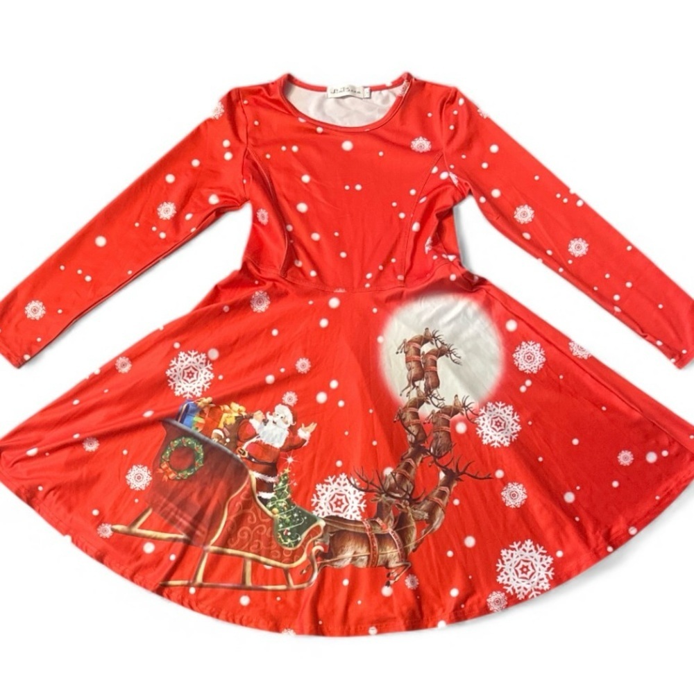 Festive Red Christmas Dress with Santa and Reindeer-YOUTH 2XL(14/16)